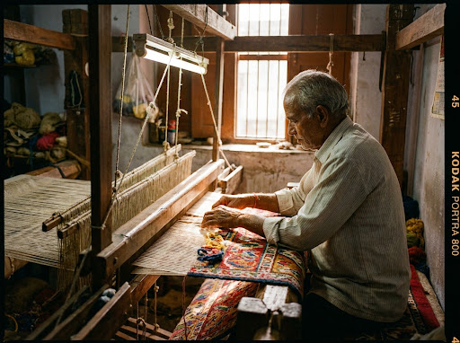 Skilled Indian artisan hand-weaving a rug on a traditional wooden loom