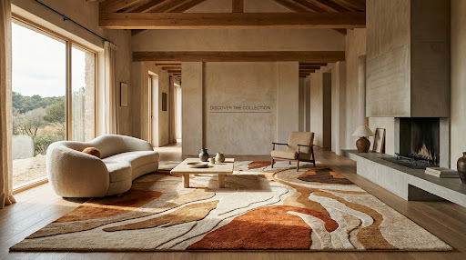 Breathtaking luxury interior featuring a statement Velvanta handcrafted rug