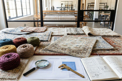 Collection of premium rug samples, yarn swatches, and architectural blueprints on designer table